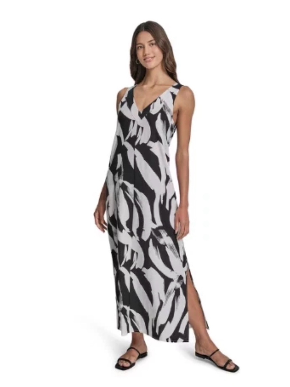 DKNY Women's Size XXL Maxi Dress V-Neck Side Slit Linen Blend A-Line Cut